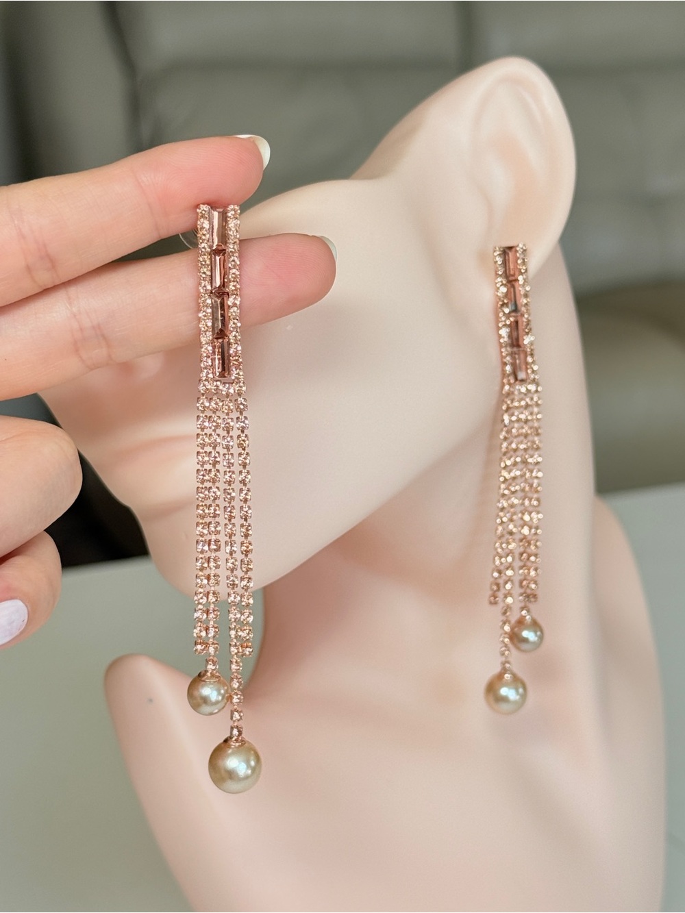 Elegant Rose Gold Tassel Drop Earrings with Pearl Accents